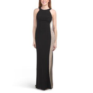 XSCAPE Black/nude Made In Usa High Neck Beaded Illusion Gown